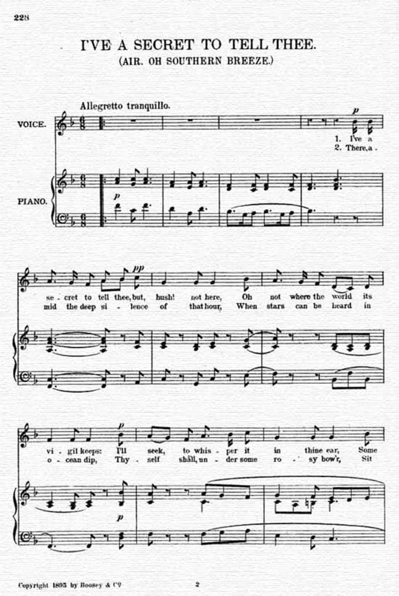 Music score to I've a secret to tell thee